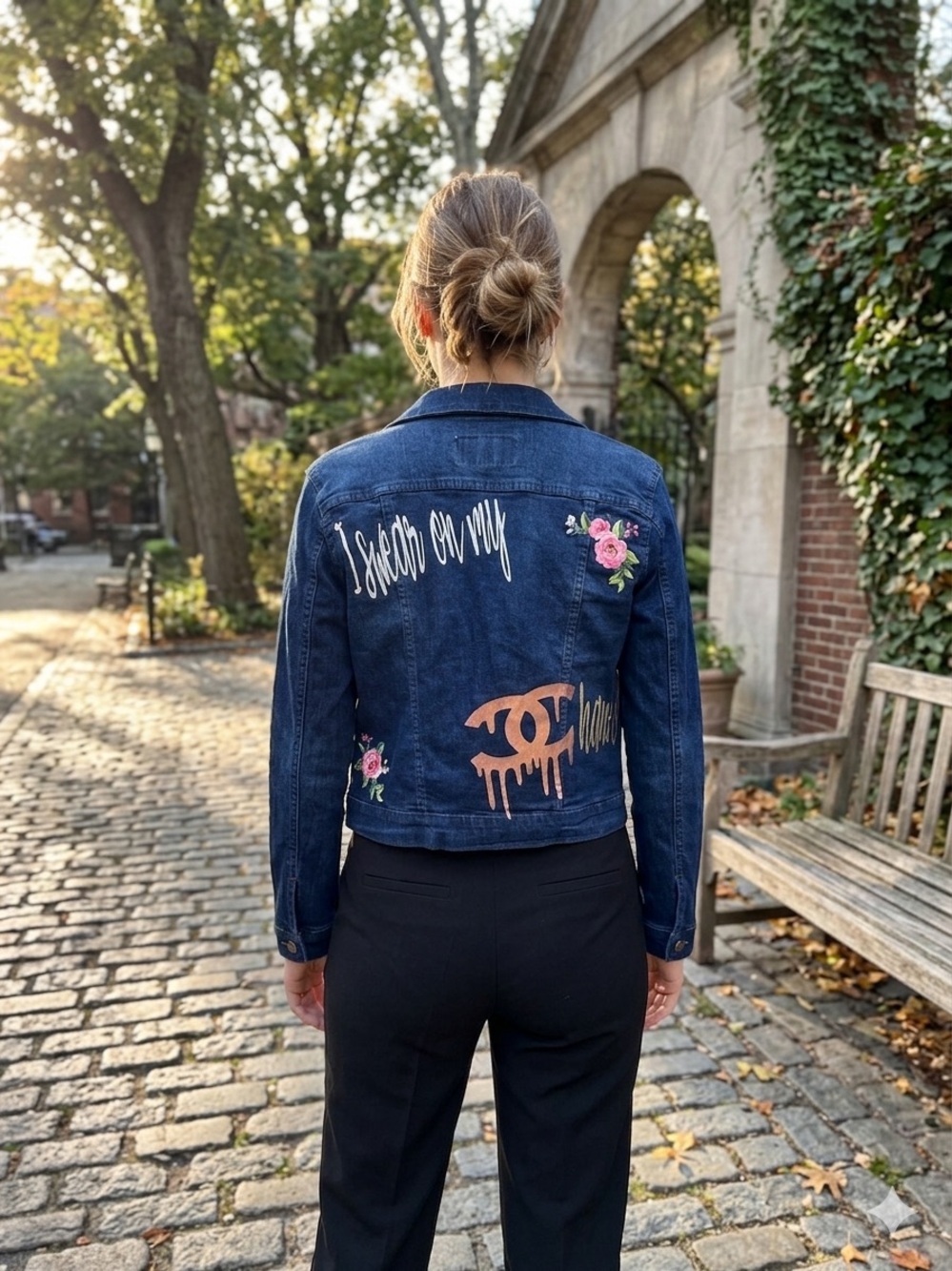 Upcycled Madden Girl “I swear on my Chanel” on Dark Blue Denim